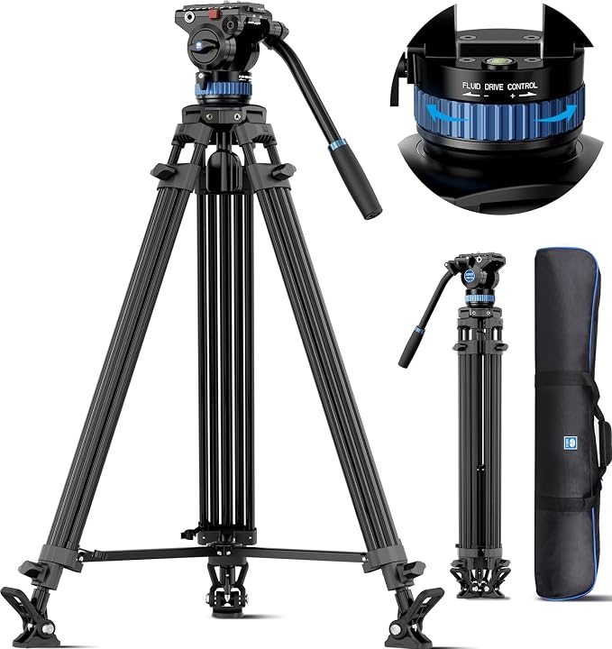 SIRUI AM-25S Video Tripod 74.8", Fluid Head, Quick Release, Max Load 22lb | 360° Pan, +90°/-75° Tilt, Aluminum Alloy, Camcorder, DSLR, Mirrorless Camera, Video Recording, Stable Support by SIRUI