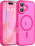 FNTCASE for iPhone 16 Case, Fit for Magsafe, Screen Protector, Hot Pink | Full Camera Protection, Translucent Matte, 14FT Military Grade Drop Proof, Shockproof Protective Phone Cover by FNTCASE