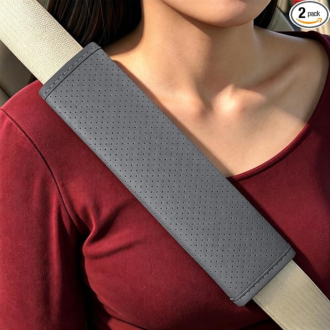 Gray Breathable PU Leather Seat Belt Covers - 2Pcs, Perforated Seat Belt Pads, Universal Fit for Car Truck SUV by JAVMOO