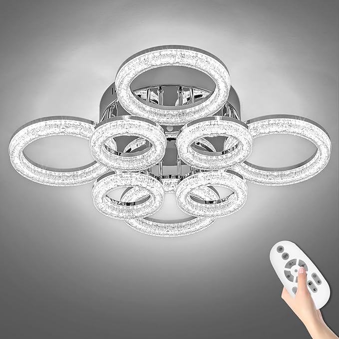 Modern Ceiling Light, 8 Rings 26.8'' Dimmable LED 106W Flush Mount Ceiling Lights with Remote Acrylic Crystal Round Ceiling Light Fixture, Bedroom Living Room Dining Room, Chrome by OKELI