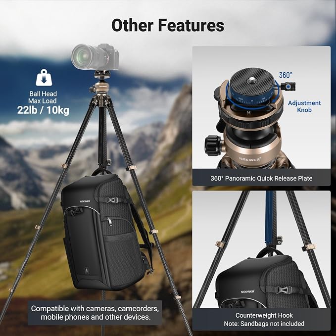 NEEWER LITETRIP Carbon Fiber Travel Tripod with Pan Tilt Low Profile Ball Head,62.4" DSLR Camera Phone Holder Stand Compatible with PD V3 Plates iPhone, 2 Center Columns,Max Load 22 lb, LT39 - Image 6