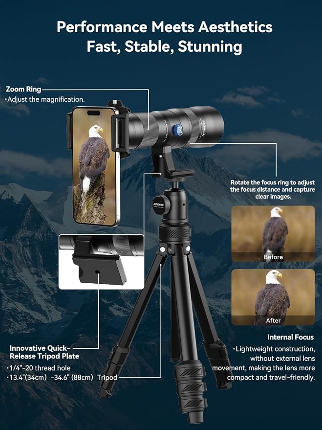 MIAO LAB 20-60X Zoom Telephoto Lens, High Power Telephoto Mobile Cell Phone Lens with Tripod & Universal Phone Clip, for iPhone 17/16/15/14/13 Series, Samsung, Android and Most Smartphone - Image 7