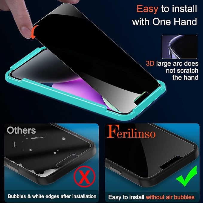 Ferilinso Privacy Screen Protector for iPhone 13/14, Tempered Glass | 2 Pack, 9H+ Hardness, Military-Grade Shatterproof, Case Friendly, Easy Installation Bubble Free, with Camera Lens Protector - Image 6