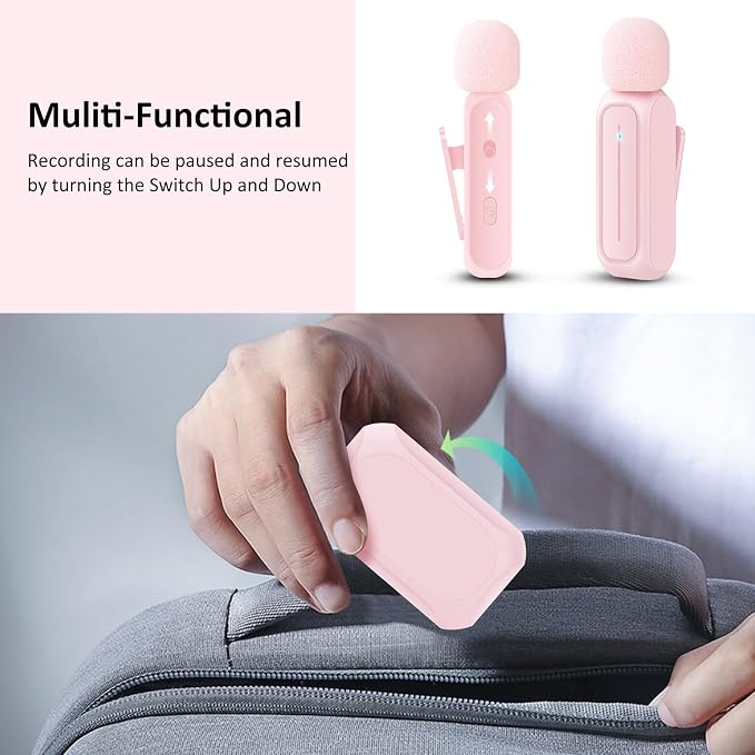 Ecomxia 2 Pack Wireless Lavalier Microphone for iPhone iPad Android with Charging Case - 7H Clip on Lapel Microphone Wireless for Video Recording Vlogging, YouTube, Interview, 3 Mode Denoise (Pink) - Image 8