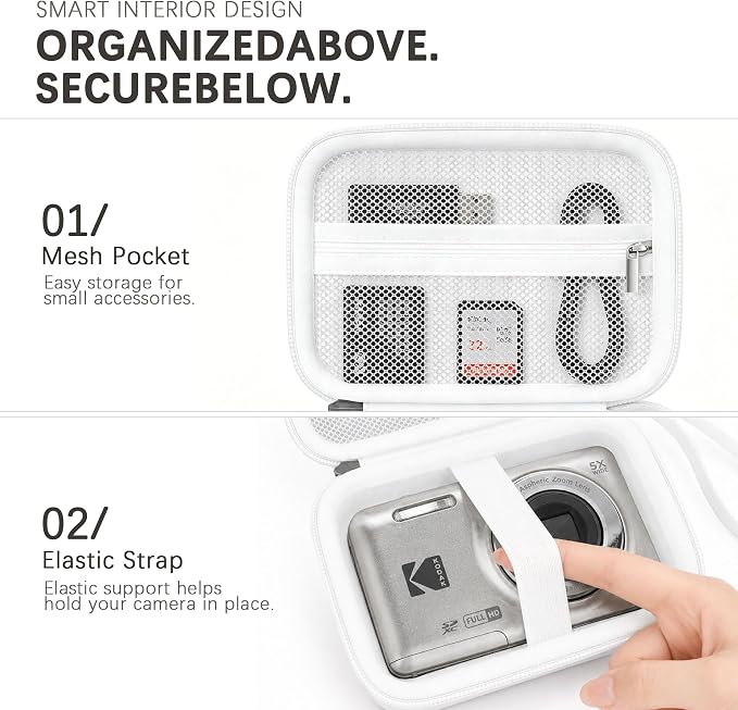 Camera Carrying Case for KODAK PIXPRO FZ55/ FZ45 Digital Camera | Camera Storage Case. Hard Protective Bag With Mesh Pocket Fits Batteries Cable Memory Card Card Reader, White - Image 5