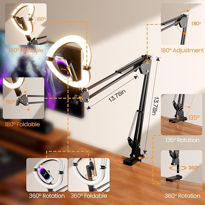 10" Magnetic Ring Light Overhead Camera Phone Mount, XINBAOHONG LED Selfie Light with Stand and Phone Holder, Rechargeable Desk Light for Video Recording - Image 8