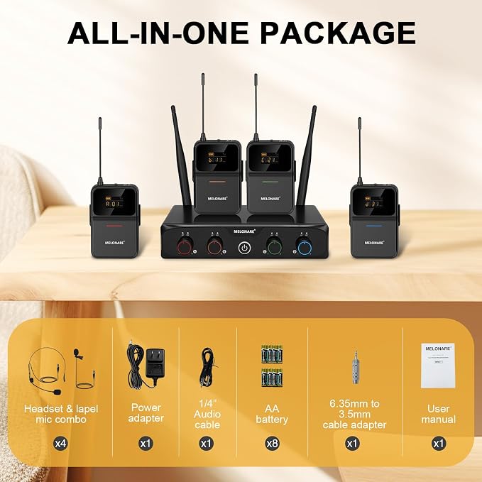 MELONARE Compact 4-Channel UHF Wireless Microphone System MWM-41-4B | 4 Headset/Lapel Microphones, 4 x 10 Frequencies, 200 ft Range, Hands-Free Vocals, Church, Conference - Image 6