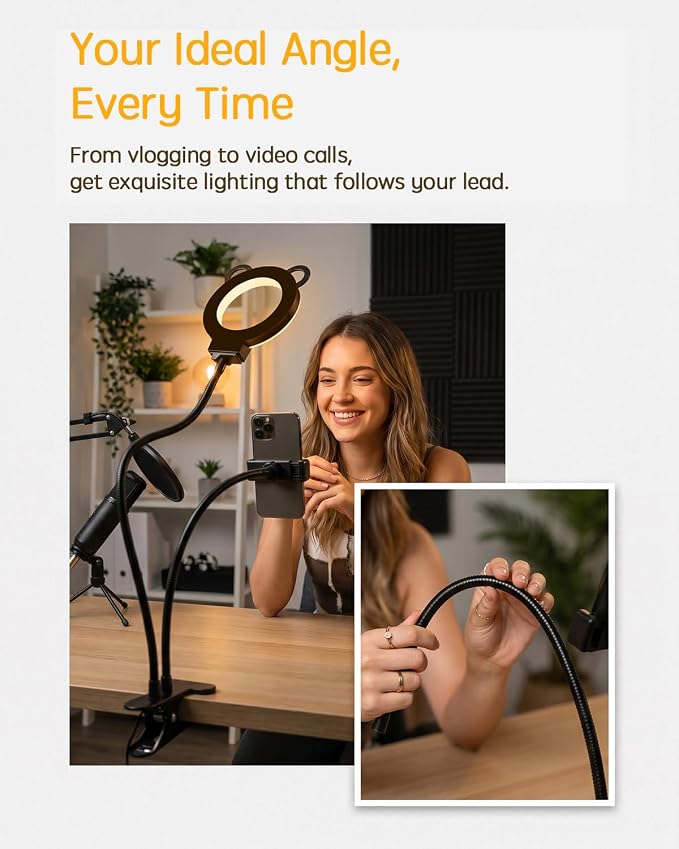 Desk Lamp, Ring Light for Laptop Desk Clip On, LED Reading Light with Clamp, Silicone Flexible Arm Book Light, Video Conference Lighting with Stand for Phone/Zoom Meeting/Video Call/Recording - Image 6
