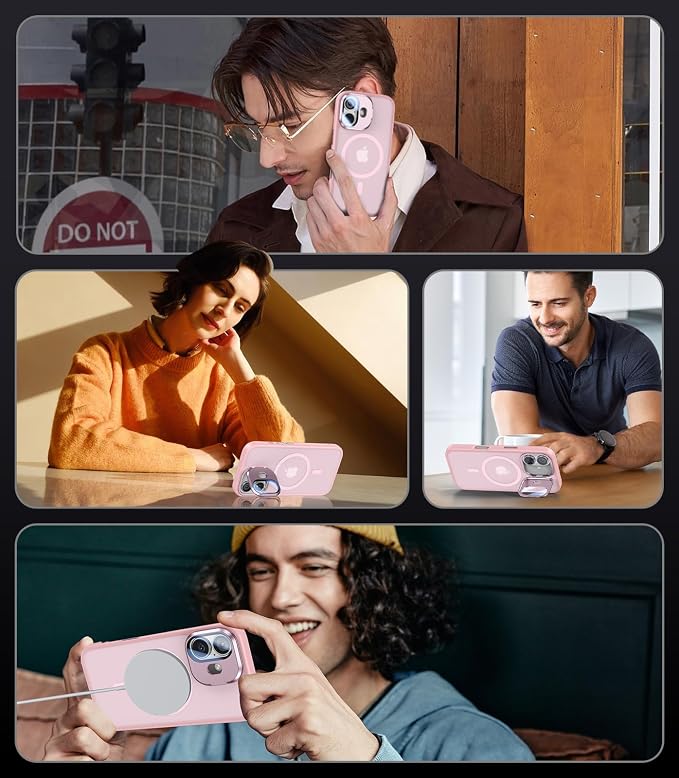 VOFATA [Upgraded] for iPhone 16 Case with Camera Cover Stand [Fit for MagSafe][9H Camera Lens Protector] Mil-Grade Protection Translucent Matte Silicone Magnetic iPhone 16 Phone Case, Pink - Image 6