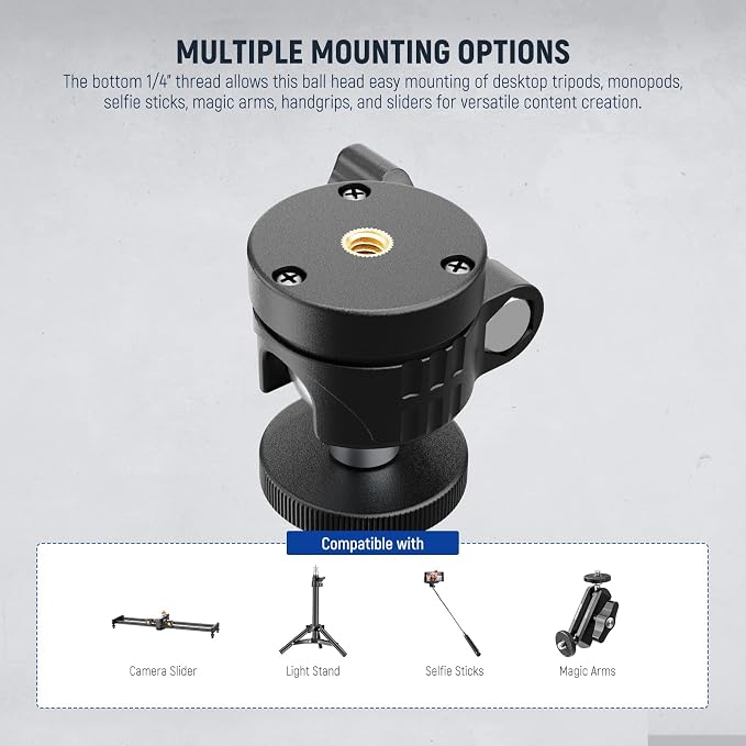 NEEWER Basics Mini Ball Head, Portable Tripod Head Camera Mount Adapter | 1/4" Screw, for Compact DSLR, Action Cam, Phone, LED Ring Light Monopod, Slider, 4.4lb Max Load, 360° Swivel, 90° Tilt, GM01 - Image 4