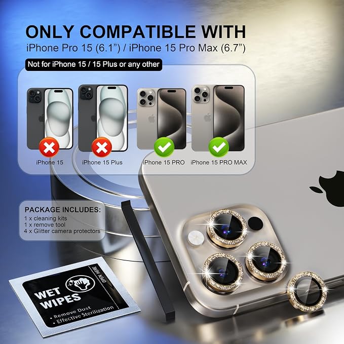 Choiche for iPhone 15 Pro/iPhone 15 Pro Max Camera Lens Protector | Ultra HD, Bling 9H Tempered Glass Camera Cover Screen Protector Metal Ring Decoration Accessories (Glitter-Gold) - Image 2