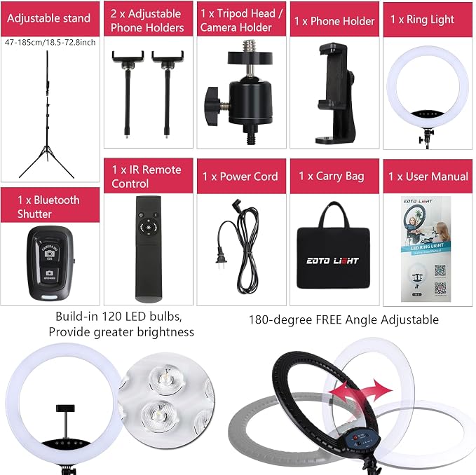 EOTO LIGHT 19 inch LED Ring Light with Tripod Stand, Ring Light with Touch Panel for Makeup Studio Portrait YouTube Vlog Video Shooting with Remote Controller, CRI>97 - Image 5