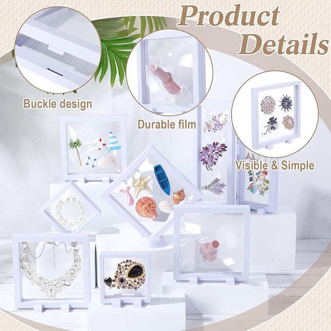 Harloon 12 Pcs 3D Floating Display Case, White, 3 Size, Square | 3D Floating Frame for Challenge Coins, Medallions, Fossils, Gemstones, Jewelry, Collectibles Shadow Box Display Holder - Image 3
