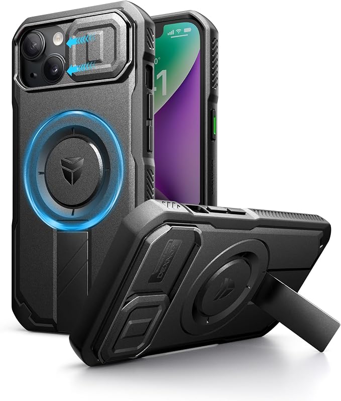 Dexnor for iPhone 13/14 Case with Slide Camera Cover & Adjustable Kickstand, Compatible with MagSafe, Rugged Shockproof Bumper Cases Heavy-Duty Magnetic Protective Cover,6.1 inch,Black by Dexnor