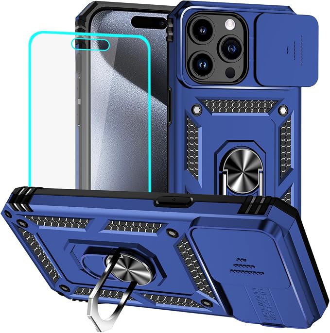 HNHYGETE for iPhone 15 Pro Case with HD Screen Protector: [Military Grade 20ft. Drop Tested] Slide Camera Cover Ring Shockproof Protective Phone Case for - iPhone 15 Pro (Blue) by HNHYGETE