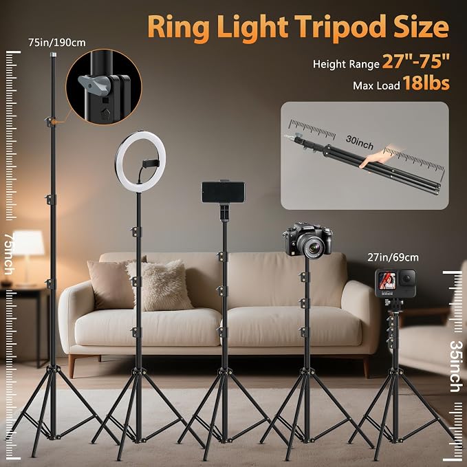MACTREM Large 22" Ring Light with Stand, 75" Tripod for iPad iPhone Barber | Professional 50W 6500K CRI90+ LED, LCD Display, 2 USB Ports, for TikTok YouTube Makeup Tattoo Photography Video Studio - Image 5
