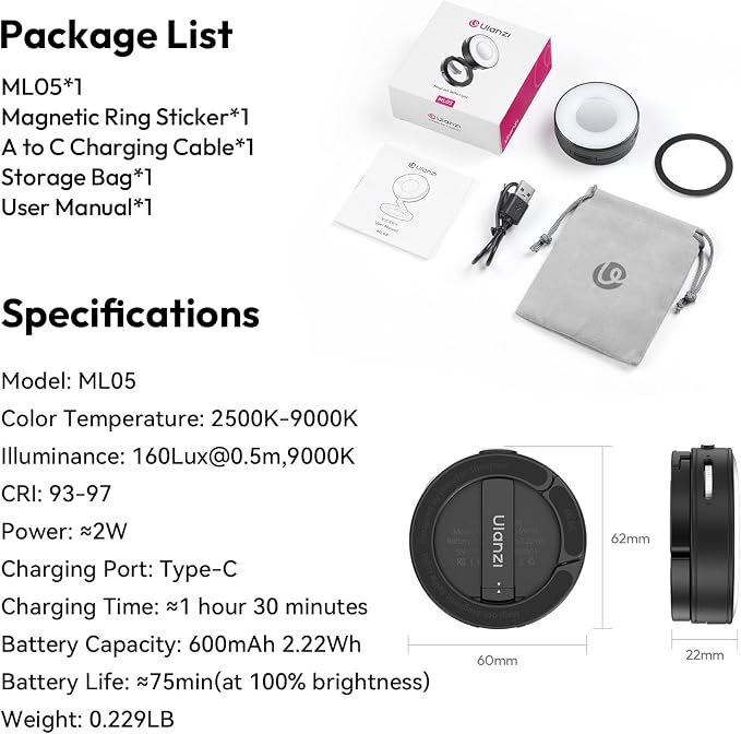 Ulanzi ML05 Magnetic Phone Light, Bi-Color 9000K CRI≥97 Selfie Video Light | Beauty Ring Fill Lights, 360° Flexible Rotation, Built-in Wide-Angle Mirror, Can be a Mini Desktop Stand for iPhone/Android - Image 9