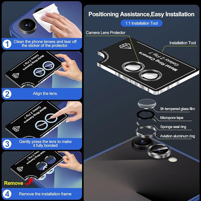 for Samsung Galaxy Z Flip 7 Camera Lens Protector, Individual Metal Ring Tempered Glass Lens Cover, [Strong Adsorption] Scratch Resistant Ultra-Thin HD Clear Lens Cover, 1 Set-Black - Image 6