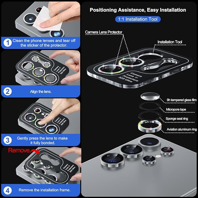 WSKEN for Samsung Galaxy S25 Ultra Camera Lens Protector - Ultra Thin | Case Friendly, 9H Shatterproof Tempered Glass, Anti Scratch Metal Circle, Camera Screen Protector Cover Accessories, Glitter - Image 6