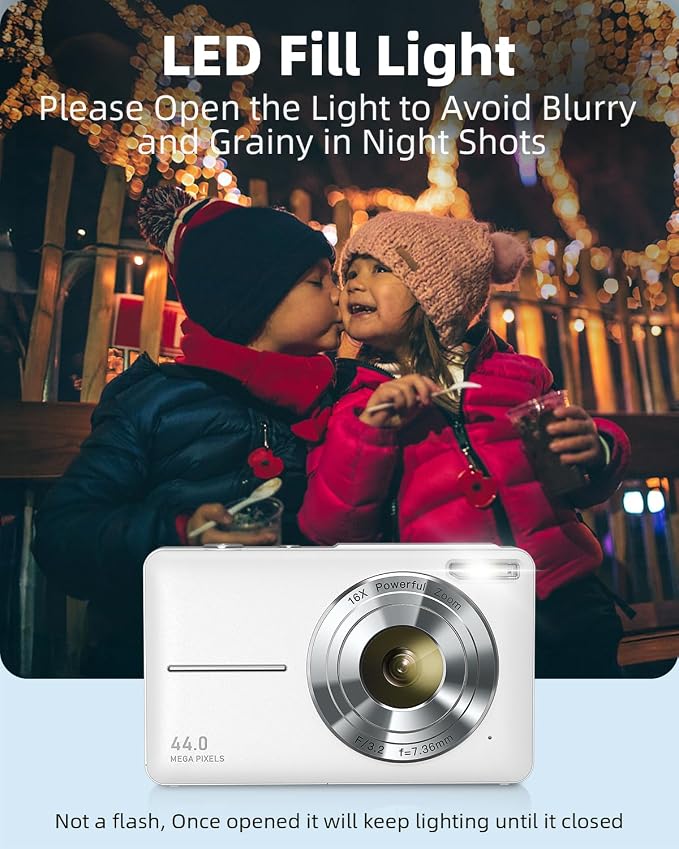 Digital Camera 1080P with 32G Card 16X Zoom & Flash Compact for Kid, White | Small camera with anti-shake, Includes 2 batteries & charger. Perfect for parties, trips, birthdays gift from parents - Image 4