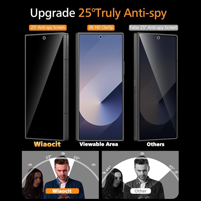 Wiaocit Privacy Screen Protector for Samsung Galaxy Z Fold 8 Ultra/Z Fold 7 | 3+3 Pack, 9H Tempered Glass, Camera Lens Protector, Installation Frame, Bubble Free, Case Friendly - Image 2