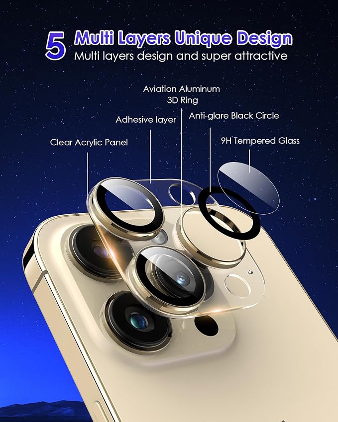 Compatible for iPhone 15 Pro/iPhone 15 Pro Max Camera Lens Protector, Clear Acrylic Plus Aluminium Alloy Ring 9H Tempered Glass Screen Camera Cover, Gold - Image 3
