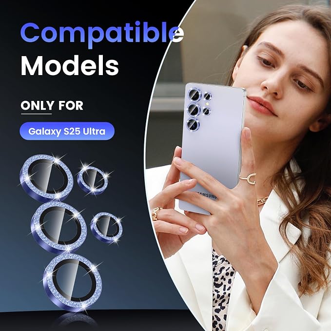 Tensea Compatible with Samsung Galaxy S25 Ultra Camera Lens Protector | 9H Tempered Glass Camera Cover Screen Protector Metal Individual Ring [Installation Tray][Case Friendly] - Image 2