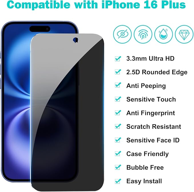 PEHAEL for iPhone 16 Plus Privacy Screen Protector+Camera Lens Protector | 3+3 Pack, Installation Frame, Cleaning kits, Anti-Spy Private, Anti-Scratch, 9H Tempered Glass, Case Friendly, [6.7 inch] - Image 2