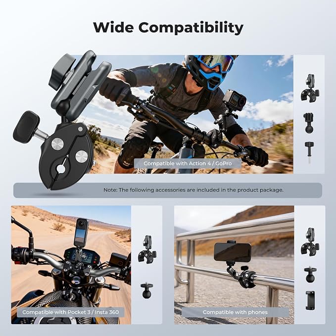 K&F CONCEPT Super Clamp Camera Mount Bike/Motorcycle Handlebar Mount | with 360° Dual Ball Head Compatible with DJI Action 6/5/4/3, Hero 13/12/11/10, 360 X5 X4, MS100 - Image 2