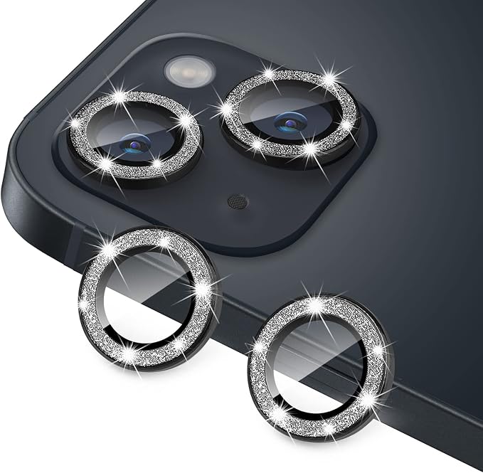 for iPhone 13 Mini & iPhone 13 Camera Lens Protector, Bling Glitter 9H Tempered Glass Camera Cover Anti Scratch Shockproof Screen Protector Individual Ring - 2Pcs Glitter Black by Hsefo