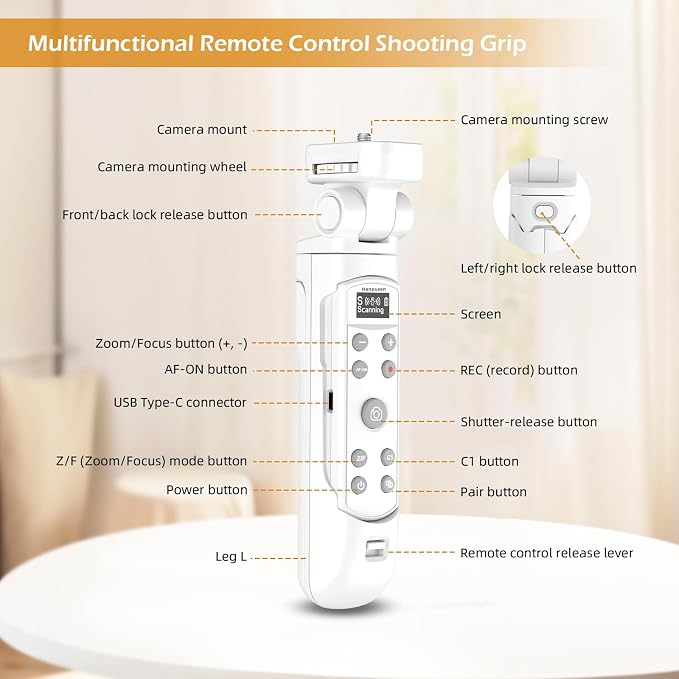 for Sony Tripod Wireless Shooting Grip with Shutter Release - Mini-Tripod with Rechargeable Remote Control for ZV-E10/ZV-E1/ZV-1/ZV-1F/RX100 VII/RX0 II/A6700/A6400/A6600/FX3/FX30, for Vlogging, White - Image 8