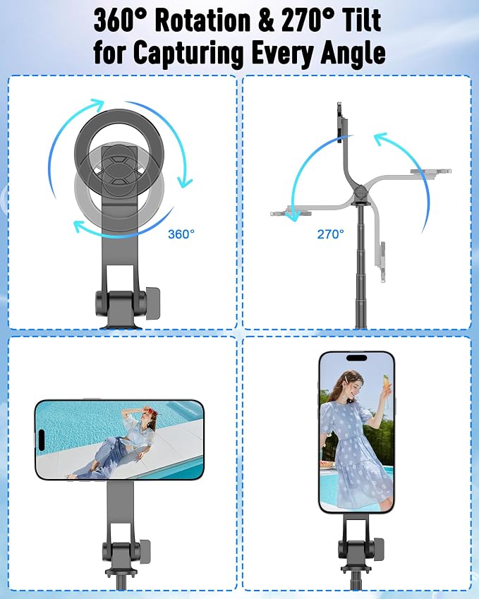 37''Magnetic Phone Tripod, Portable Selfie Stick Tripod & 4-Leg Base | 360° Rotation, 3-in-1 Magsafe Tripod with Wireless Remote for iPhone17 Pro Hands-Free Video Recording, Gym Workout,Travel - Image 7
