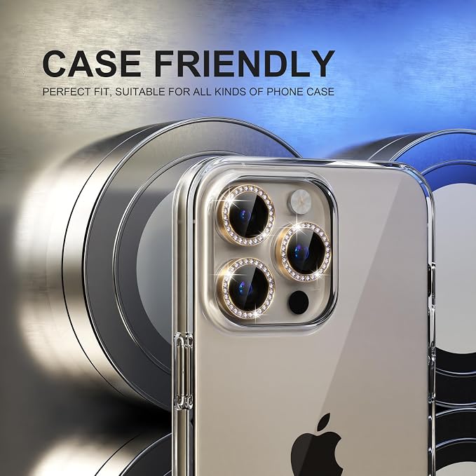 Choiche for iPhone 15 Pro/iPhone 15 Pro Max Camera Lens Protector | Ultra HD, Bling 9H Tempered Glass Camera Cover Screen Protector Metal Ring Decoration Accessories (Diamond-Gold) - Image 4