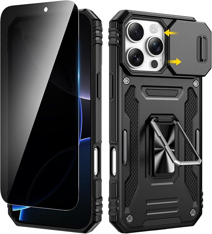 VEGO for iPhone 16 Pro Max Case with Privacy Screen Protector Black | Slide Camera Cover & Ring Kickstand Military Grade Heavy Duty Protection Cover for iPhone 16 ProMax 5G 6.9 Inch - Black by VEGO