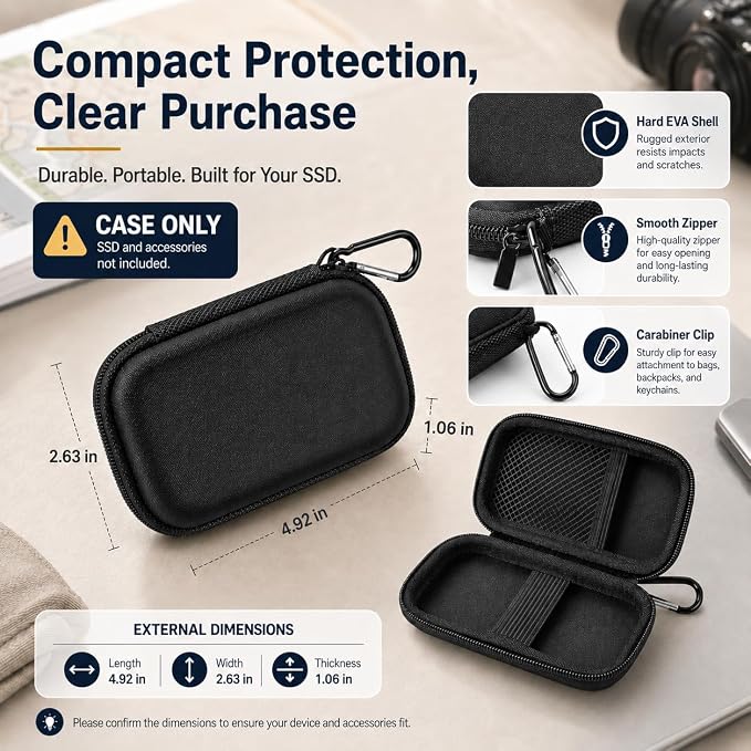 PAIYULE Hard Drive Case for SanDisk Extreme Portable SSD &Extreme PRO SSD | Elastic Strap Secures the SSD, Mesh Pocket Organizes Cables, Carabiner Adds Portability, Case Only(Fullblack, For Sandisk V2) - Image 8