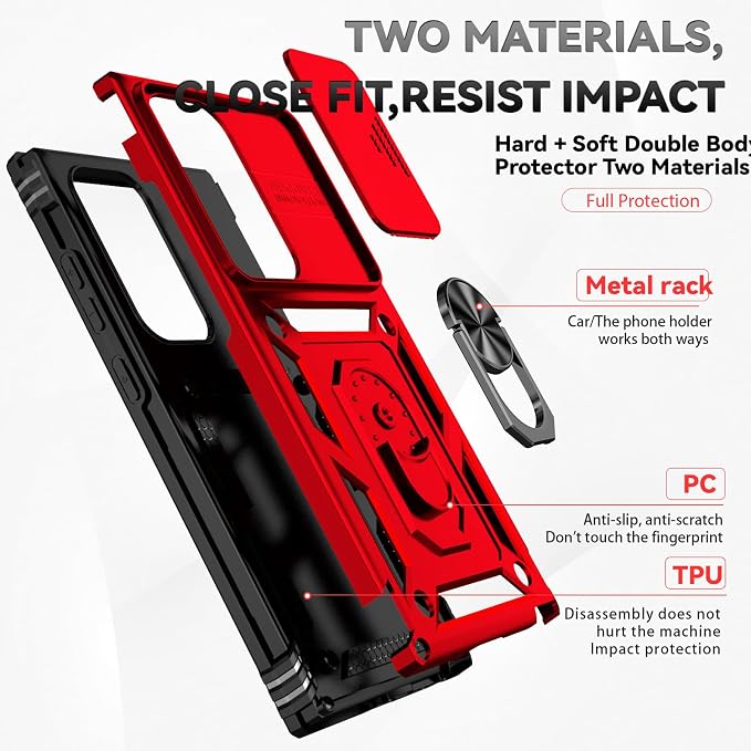 HNHYGETE for Samsung Galaxy S25 Ultra Case with Screen Protector: [Military Grade 20ft. Drop Tested] Slide Camera Cover Ring Shockproof Protective Phone Case for - Galaxy S25 Ultra (Red) - Image 5