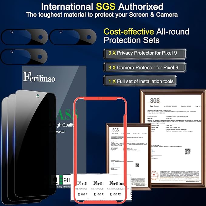 Ferilinso Privacy Screen Protector for Google Pixel 9, Tempered Glass | 3 Pack, 9H+ Hardness, Military-Grade Shatterproof, Case Friendly, Easy Installation Bubble Free, with Camera Lens Protectors - Image 2