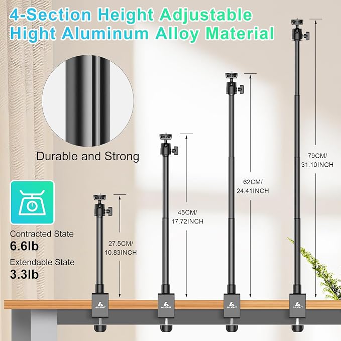 Ailight Adjustable Desk Camera Mount & Webcam Stand 10.8"-31.1" | 1/4" Screw, C-Clamp Base, Overhead Tripod, Compatible with DSLR Logitech Obsbot insta360 Anker and Others - Image 3