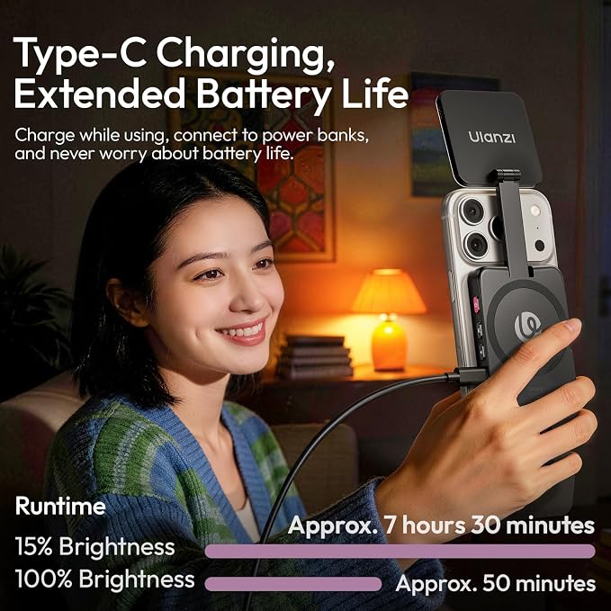 Ulanzi GL01 for iPhone Magnetic Selfie Light, 2500K-6500K Dimmable CRI 97 | Dual Side Fill Light Design, Rechargeable Type-C Charge, with Magnetic Ring, For Magsafe iPhone 12-17 Standard Vs Pro Models - Image 8