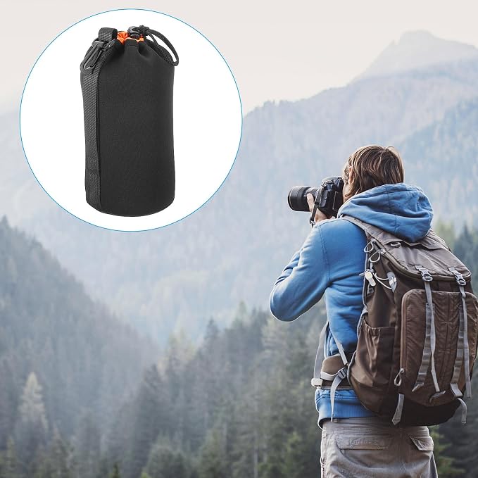 PATIKIL Camera Lens Bag, 2 Pcs 3.7" ID x 9.8" H Drawstring Lens Pouch with Thick Protective Neoprene, Lens Case for DSLR Camera Lens, Water Coffee Cups Black, Orange - Image 7