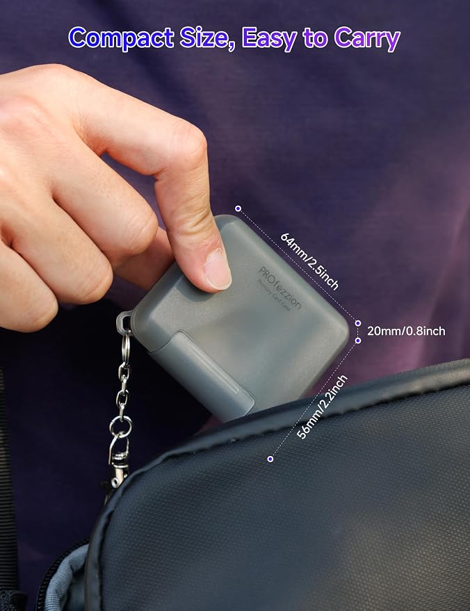 PROfezzion SD Card Holder Case for 4 SD/SDXC/SDHC & 8 microSD TF Memory | Small and Portable, Water-Resistant, Hard Shell with Soft Rubber Interior, Memory Card Organizer Storage Box with Keychain - Image 6