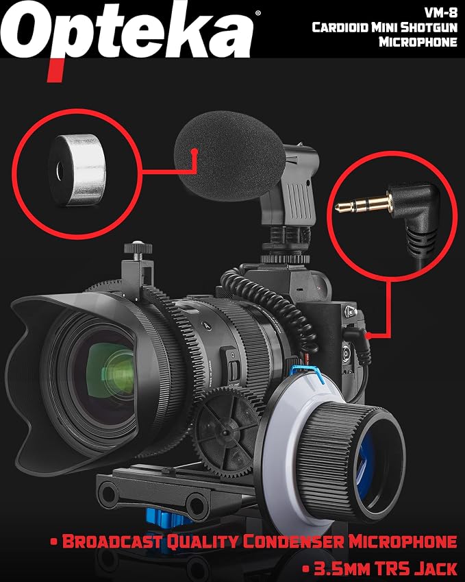 Opteka 3.5mm Cardioid Mini-Shotgun Hot Shoe Microphone for Mirrorless Cameras, DSLRs, and Camcorders with Windscreen, Fuzzy Dead Cat, Pouch - Image 4