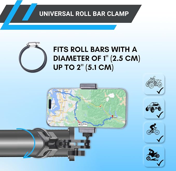 CamKix BarGrip Phone Mount for UTV Roll Bars of All Shapes - Compatible with Polaris, CanAm, Honda, Kawasaki, Wildcat - 360° Rotation for 1"-2" Cages RZR, UTV Smartphone Accessories - Image 4