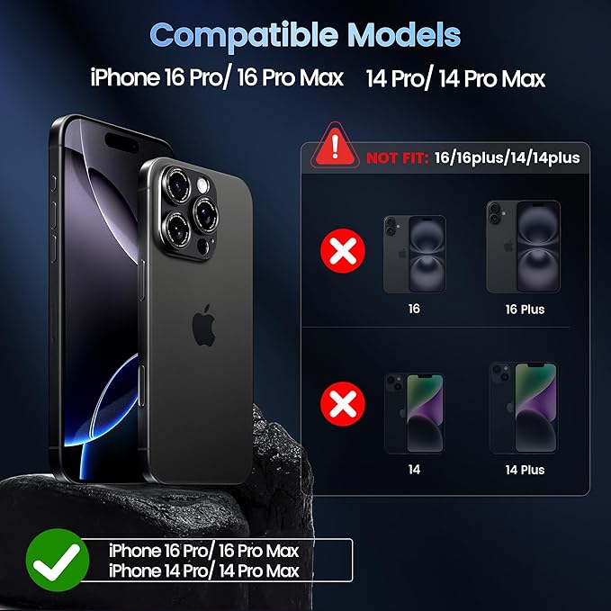 CACOE Metal Camera Lens Protector for iPhone 14/16 Pro/Pro Max Cover | Tempered Glass Cover, Anti-Scratch, Drop-Proof, Strong Adhesion, Camera Screen Cover Accessories, Black Titanium - Image 2