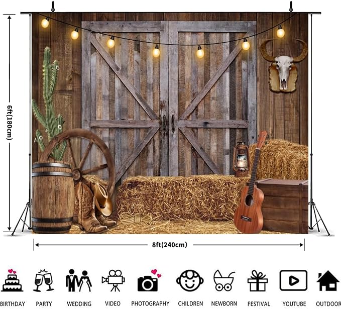 Western Cowboy Backdrop 8x6ft Western Party Decorations Wild West Saloon Rodeo Barn Photography Background Cowboy Theme Birthday Party Decor Banner Photoshoot Supplies - Image 4