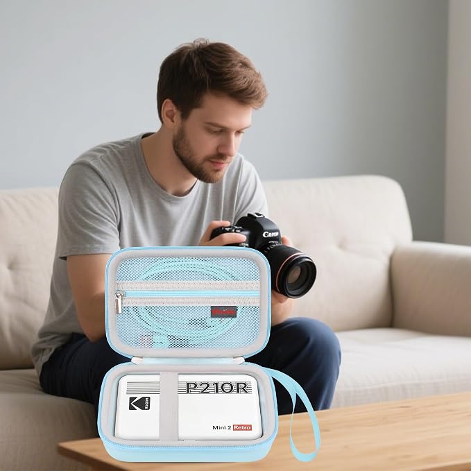Elonbo Carrying Case for KODAK Mini 2 Retro 2x3 Portable Photo Printer | Bluetooth Smartphone Instant Color Printer Hard Travel Protective Bag, Mesh Pocket fits Cartridge Photo Paper Sheets, Blue - Image 9