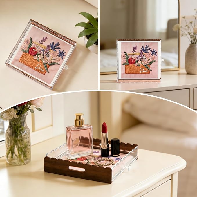 LUGUNU Scalloped Acrylic Tray with Slide Out Drawer – Customizable for Insert Needlepoint, Photos, Artwork, 9x9in, Non-Slip Base, Thick Transparent Acrylic Tray for Home Decor, Office, Gift for Women - Image 6