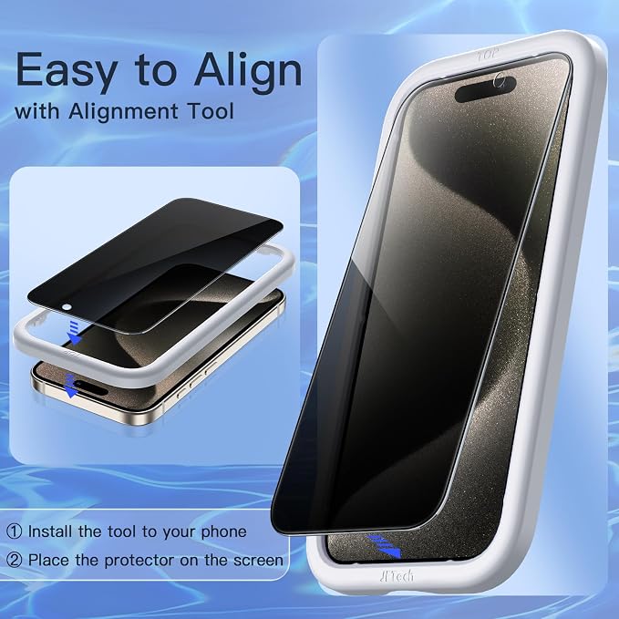 JETech Privacy Screen Protector for iPhone 15 Pro Max, 2+2 Pack | Anti-Spy Tempered Glass, with Camera Lens Protector, Easy Installation Tool - Image 5