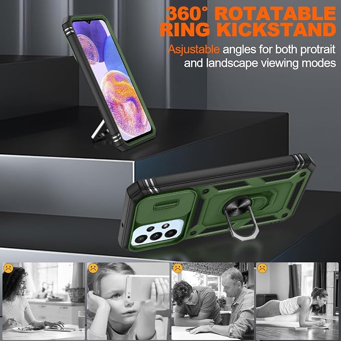 Gritup for Galaxy A23 5G Case Military-Grade Shockproof with Kickstand | (   ) with 2 PCS Screen Protector, Slide Camera Cover, Heavy Duty Funda para A 23 5G Cover, Green+Black - Image 7
