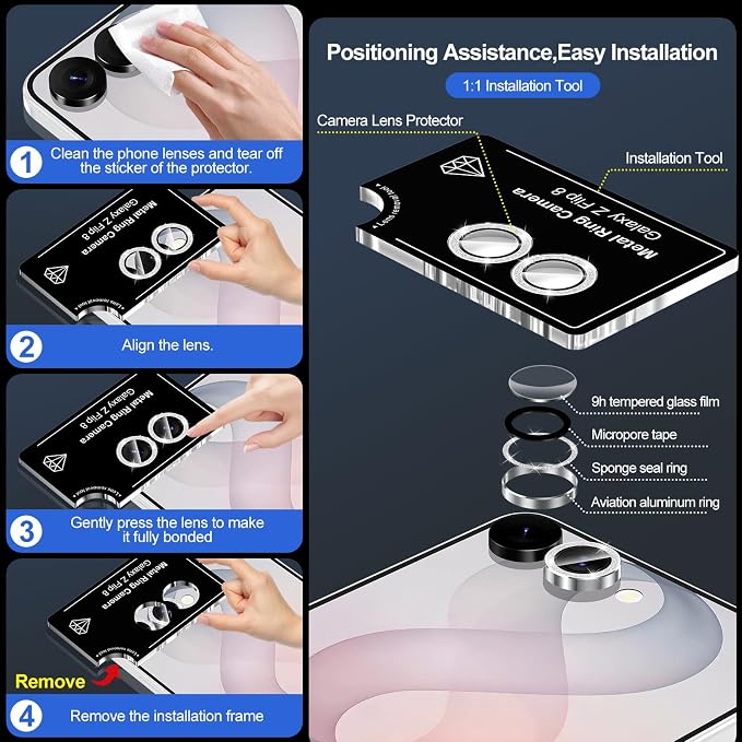 for Samsung Galaxy Z Flip 8 Camera Lens Protector, Individual Metal Ring Tempered Glass Lens Cover, [Strong Adsorption] Scratch Resistant Ultra-Thin HD Clear Lens Cover, 1 Set-Silvery Sparkly - Image 7